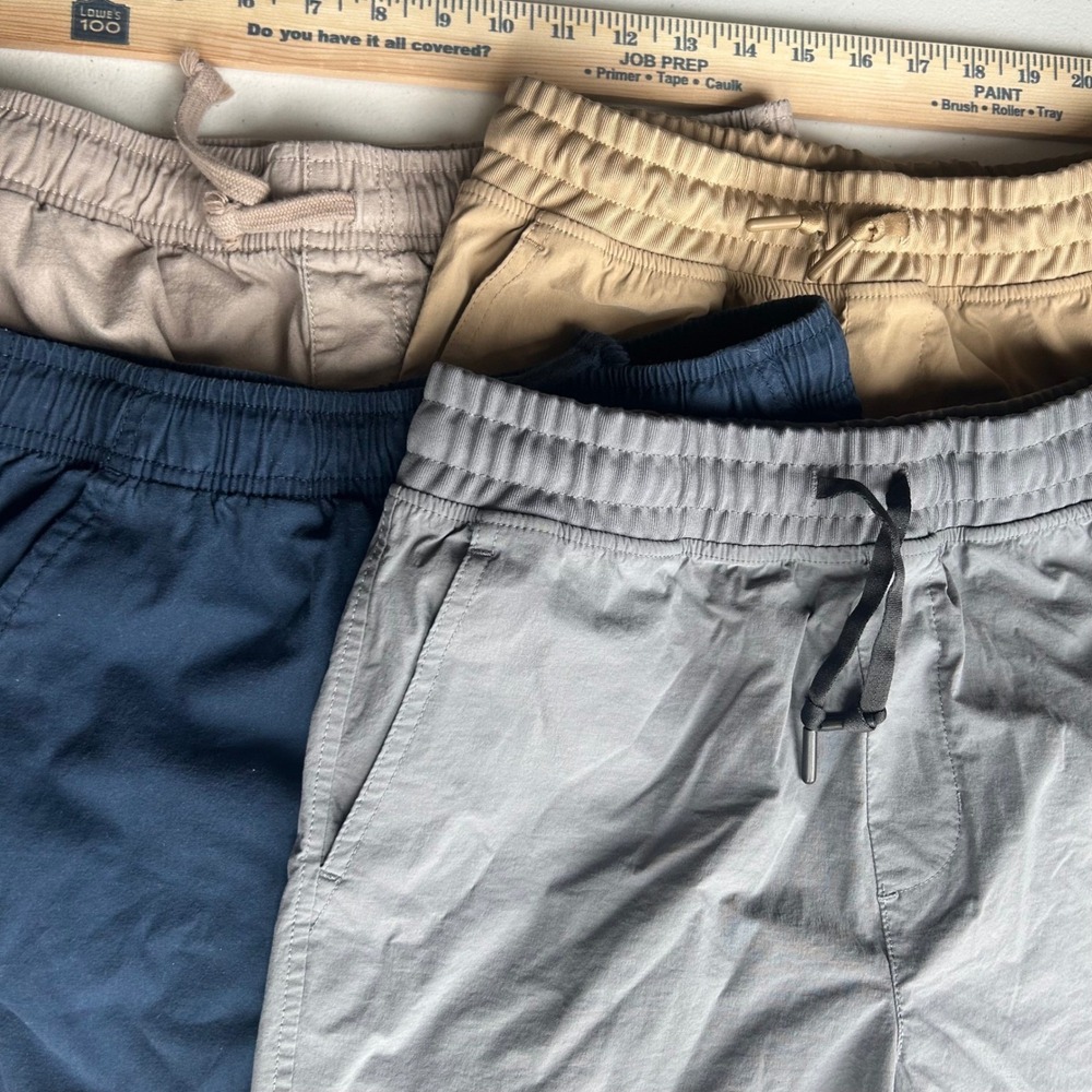 Lot 4 Pairs Boys Pull On Shorts Medium Navy Grey Khaki Tan Elastic Waist Cotton - Picture 2 of 11